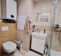 Badezimmer in einer 3-Zimmer-Wohnung mit Toilette und Duschkabine, helle Fliesen.