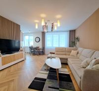 Wohnzimmer in einer 3-Zimmer-Wohnung mit Sofa, Holzelementen und Esstisch im Hintergrund.