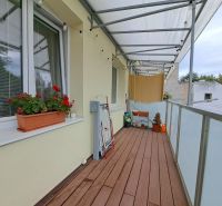 Balkon einer 3-Zimmer-Wohnung mit Holzboden, Blumenkasten und Wäschetrockner.