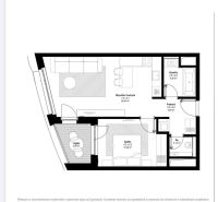 Grundriss einer 2-Zimmer-Wohnung mit Wohnzimmer, Küche, Badezimmer, Schlafzimmer und Loggia.