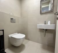 Toilette mit Waschbecken und Spiegel in einer 2-Zimmer-Wohnung, beige Fliesen.