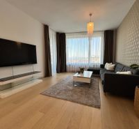 Wohnzimmer in einer 2-Zimmer-Wohnung mit Holzboden, großem Fenster und Fernseher.