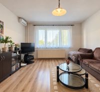 Wohnzimmer in einer 3-Zimmer-Wohnung mit Sofa, Couchtisch und Holzboden.