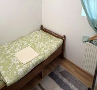 Einzelbett, Kleiderständer, grüne Vorhänge, Boden mit Holzdekor.