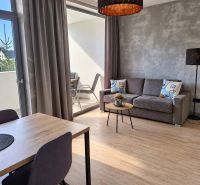 Wohnzimmer in einer 2-Zimmer-Wohnung mit Holzboden und Balkon.