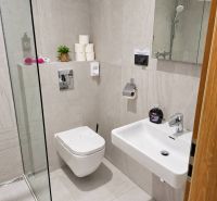 Badezimmer mit Toilette und Dusche in einer 2-Zimmer-Wohnung.