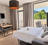 Ein Zimmer in einer 2-Zimmer-Wohnung mit einem Holzboden, einem Esstisch und einem Bett.