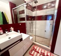 Badezimmer mit Duschkabine und Waschbecken in einer 3-Zimmer-Wohnung mit dekorativen Fliesen.