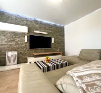 Wohnzimmer in einer 3-Zimmer-Wohnung mit Ledersofa und Holzboden.