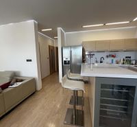 Küche in einer 3-Zimmer-Wohnung mit Bartheke und Boden in Holzoptik.