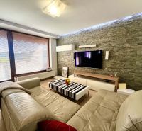 Wohnzimmer in einer 3-Zimmer-Wohnung mit Ledersofa, Steinwand und Holzboden.