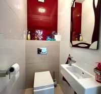Badezimmer in einer 3-Zimmer-Wohnung mit hängendem WC, Waschbecken und roten Fliesen.