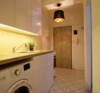 Kochnische in einem Studio-Apartment mit Holzboden und weißen Schränken.