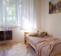 Einzimmerwohnung mit Bett, Decke und Fenster, neben einer Theke in Holzdekor.
