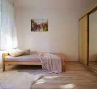 Einzimmerwohnung mit einfachem Bett, Kleiderschrank und Boden mit Holzdekor.