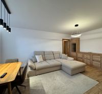 Wohnzimmer in einer 3-Zimmer-Wohnung mit Holzboden und bequemer Couch.