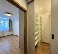 Ein Zimmer und ein Kleiderschrank in einer 3-Zimmer-Wohnung mit einem Boden in Holzoptik.