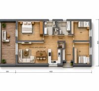 Grundriss eines Einfamilienhauses mit Terrasse, drei Zimmern, einer Küche, einem Esszimmer und einem Wohnzimmer.