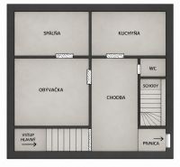 Grundriss eines Einfamilienhauses mit Schlafzimmer, Wohnzimmer, Küche, Flur, WC und Treppe.