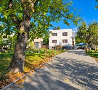 Ein Einfamilienhaus in Martin mit Garten, Bäumen und gepflastertem Gehweg.