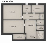 Grundriss des zweiten Stockwerks eines Einfamilienhauses mit Schlafzimmern, Badezimmer und Balkon.