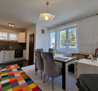 Küche mit Esszimmer in einem Einfamilienhaus, Boden mit Holzdekor, bunter Teppich.
