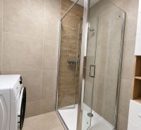 Duschkabine im Badezimmer einer 2-Zimmer-Wohnung mit Waschmaschine, Fliesen mit Holzdekor.