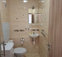 Badezimmer in einem Studio-Apartment mit Fliesen und Sanitäranlagen, kleines Waschbecken und Spiegel.