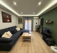 Wohnzimmer in einer Zweizimmerwohnung mit Holzboden und Sofa.
