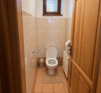 Innenraum eines Familienbadezimmers mit Toilette, Fenster und Fliesen.