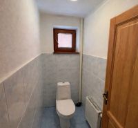 Toilette in einem Einfamilienhaus mit blauen Fliesen und kleinem Fenster.