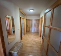 Der Flur in einem Einfamilienhaus mit einem Boden in Holzoptik und mehreren Türen.
