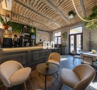 Ein Interieur mit einer von Pflanzen umgebenen Bar, einem Boden mit Holzdekor und einer gemütlichen Sitzgelegenheit.