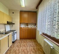Küche in einer 2-Zimmer-Wohnung mit Möbeln und Boden in Holzoptik.