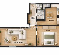 Grundriss einer 2-Zimmer-Wohnung mit Wohnzimmer, Küche, Schlafzimmer, Badezimmer und Holzboden.