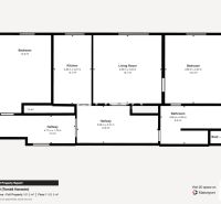Grundriss einer 3-Zimmer-Wohnung mit Küche, Wohnzimmer und zwei Schlafzimmern.