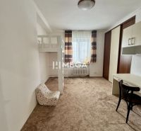 Ein Zimmer mit Teppich, Etagenbett, Schreibtisch und Stuhl in einer 3-Zimmer-Wohnung.