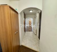 Der Flur in der 3-Zimmer-Wohnung mit Fliesen und einem Boden in Holzoptik.