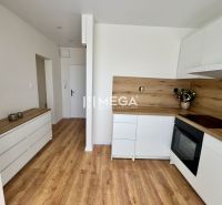 Küche in einer Einzimmerwohnung mit weißen Schränken und einem Boden in Holzoptik.