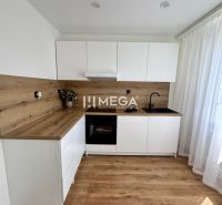 Küche mit weißen Schränken, Holzelementen und Boden in einem Einzimmerapartment.
