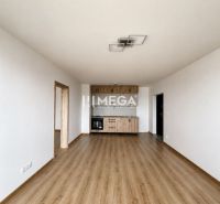 Wohnzimmer in einer 3-Zimmer-Wohnung mit Holzboden und Küchenzeile.