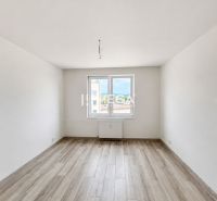 Ein heller, leerer Raum mit weißen Wänden und einem Boden in Holzoptik in einer 2-Zimmer-Wohnung.