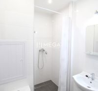 Badezimmer in einer Ferienwohnung mit Toilette, Dusche und Waschbecken.