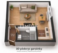 3D Grundriss eines Einzimmerapartments: Wohnraum, Küchenzeile, Badezimmer mit WC, Eingangsflur.