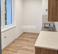 Küche in einer 2-Zimmer-Wohnung mit Holzboden und Fenster.