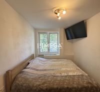 Schlafzimmer in einer 3-Zimmer-Wohnung mit Bett, Fernseher und Deckenleuchte.