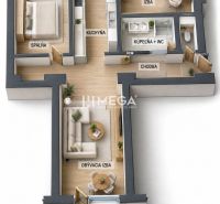 Grundriss einer 3-Zimmer-Wohnung mit Balkon, Küche und Holzboden.