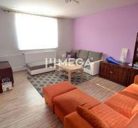 Wohnzimmer in einem Einfamilienhaus mit Sofas, Holzelementen und einem Regal.