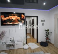 Wohnzimmer in einer 3-Zimmer-Wohnung mit Holzboden und Fernseher.