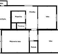 Grundriss einer 3-Zimmer-Wohnung mit Küche, Badezimmer, Speisekammer, Wohnzimmer und Loggia.